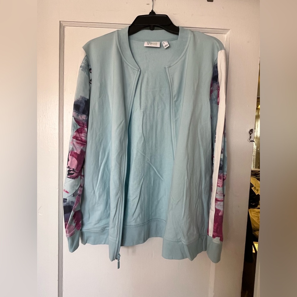 Light Blue Zip-Up Jacket with Floral Sleeves